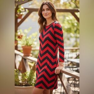 Michael Kors Red Navy‎ Chevron Stripe Mini Dress 3/4 Sleeve Sz L Bold Colorful